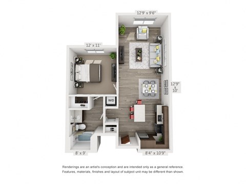 Floor plan for 1 bed, 1 bath, 656 sqft